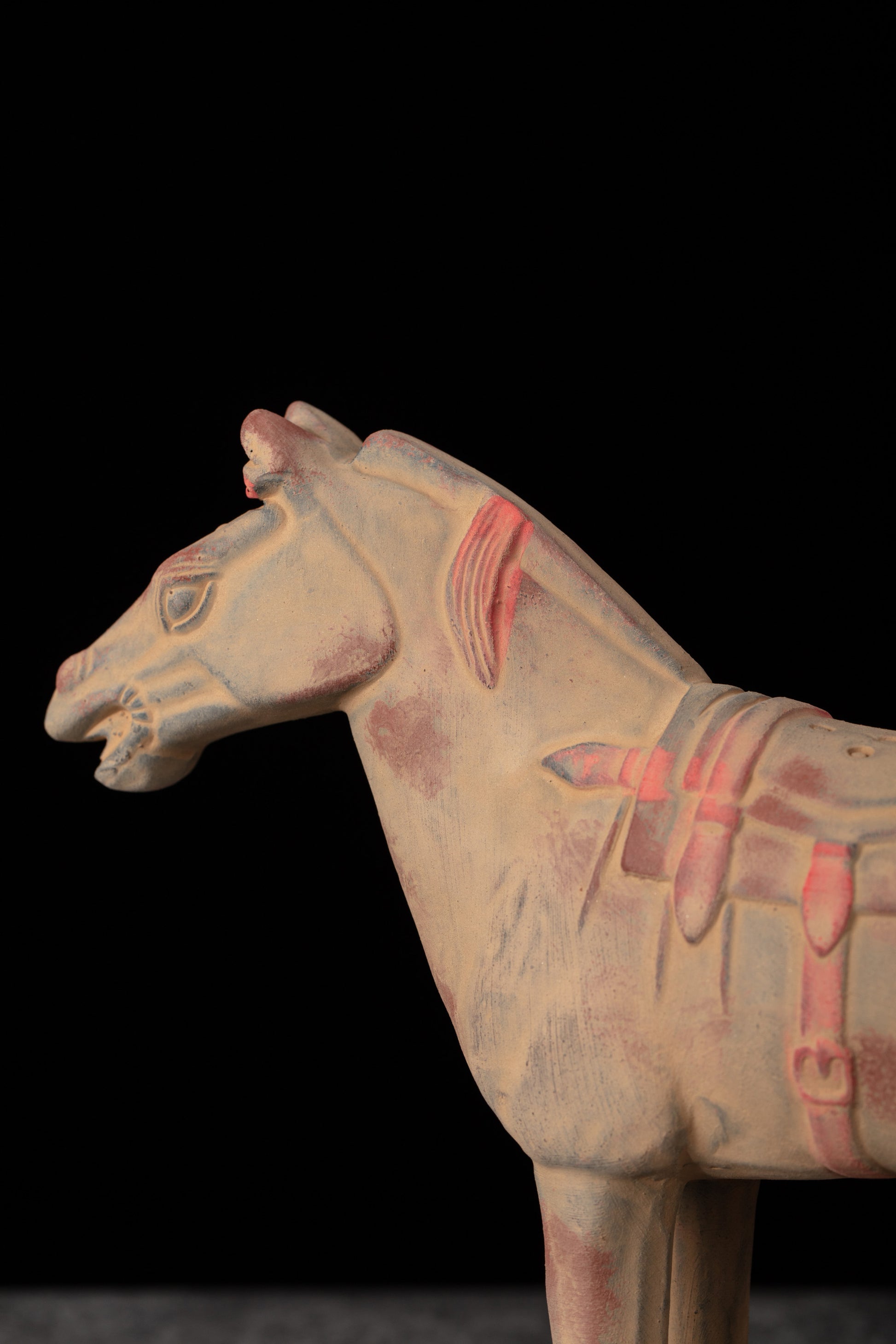 20CM Painted Horse - CLAYARMY -Close-up detail of the vibrantly painted features on our 20CM Clayarmy Terracotta Painted Horse, adding a splash of color to ancient art.