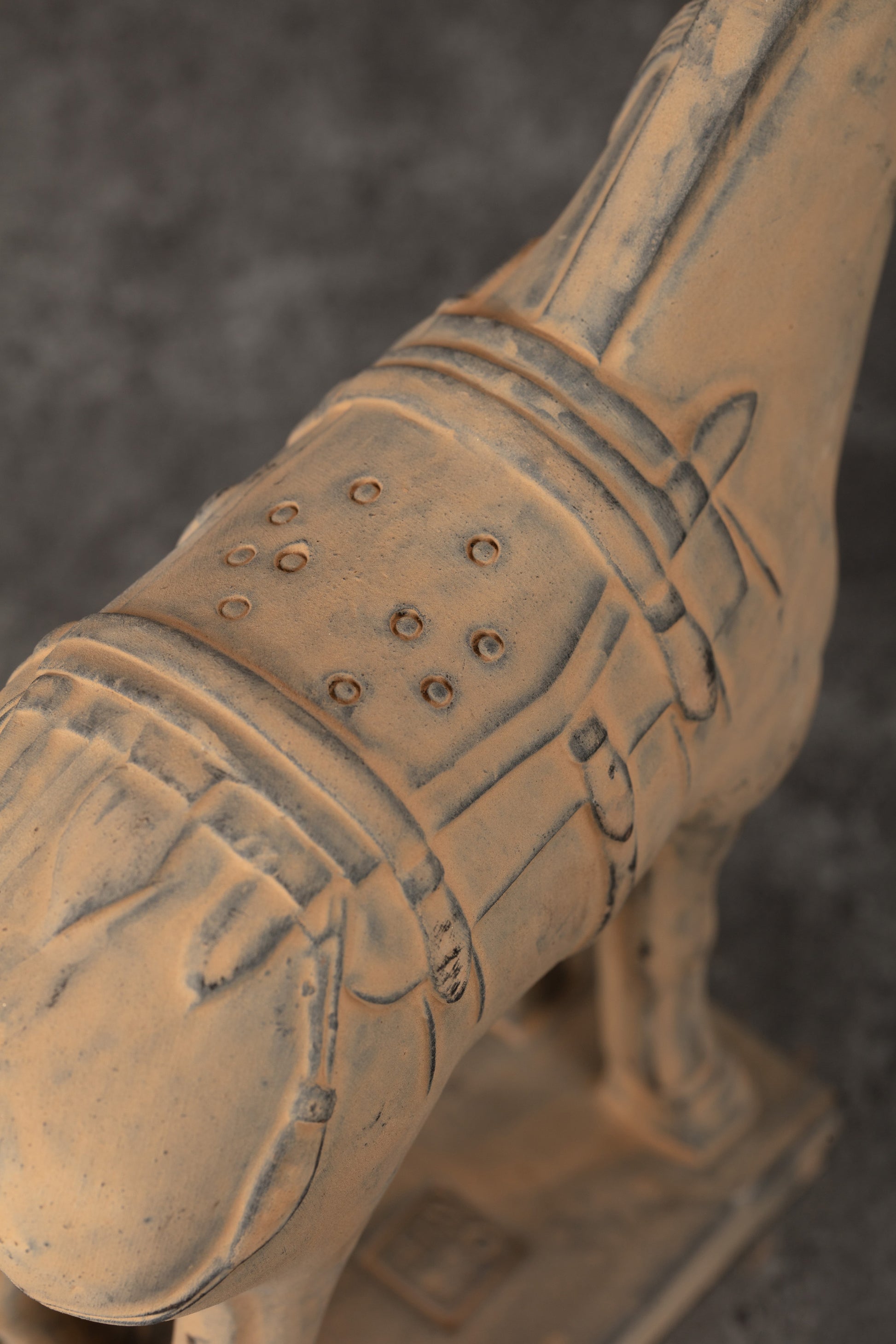 20CM Horse - CLAYARMY -Dynamic angle showcasing the intricate patterns on the saddle of our 20CM Clayarmy Terracotta Horse.