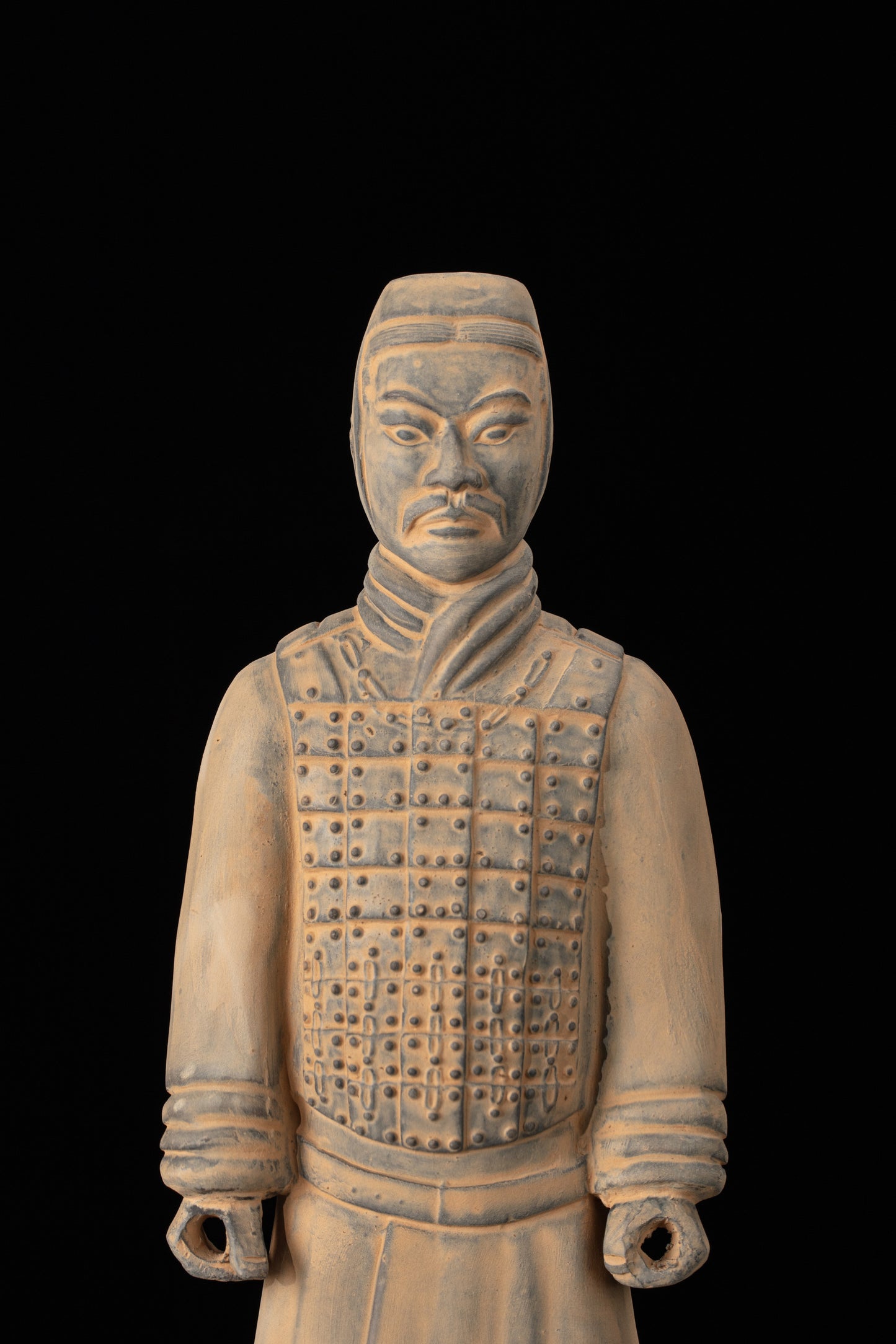 35CM Cavalryman - CLAYARMY-Detailed close-up capturing the front view of the 35CM Terracotta Army Cavalryman, highlighting the finely sculpted flat bun and intricate armor.