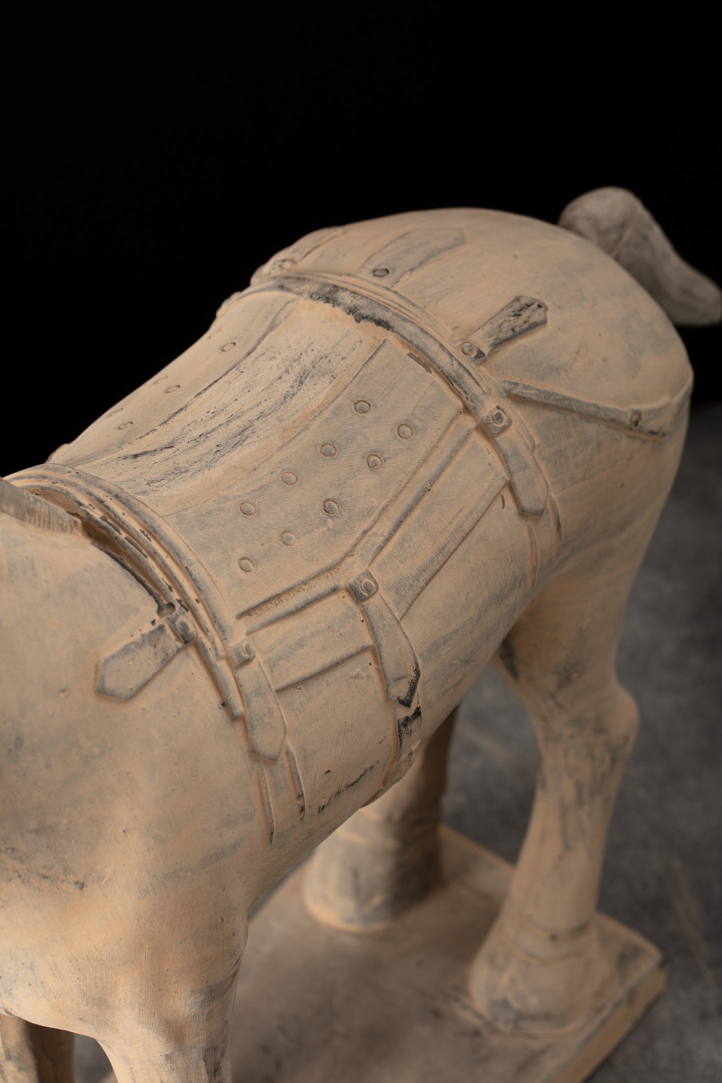 55CM Horse - CLAYARMY -Top-down perspective revealing the ornate detailing on the saddle and harness of our 55CM Clayarmy Terracotta Horse.