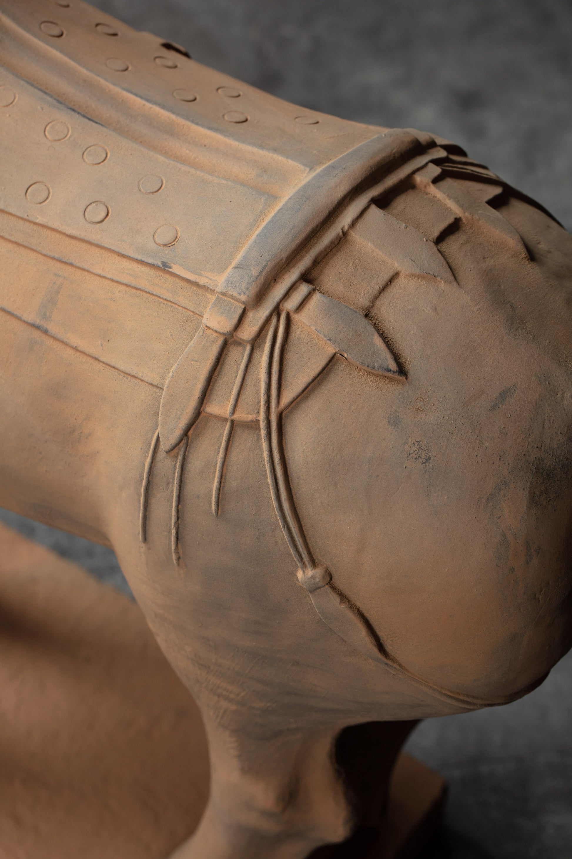 70CM Horse - CLAYARMY -Close-up of the saddle adornments, adding an extra layer of sophistication to our 70CM Clayarmy Terracotta Horse.